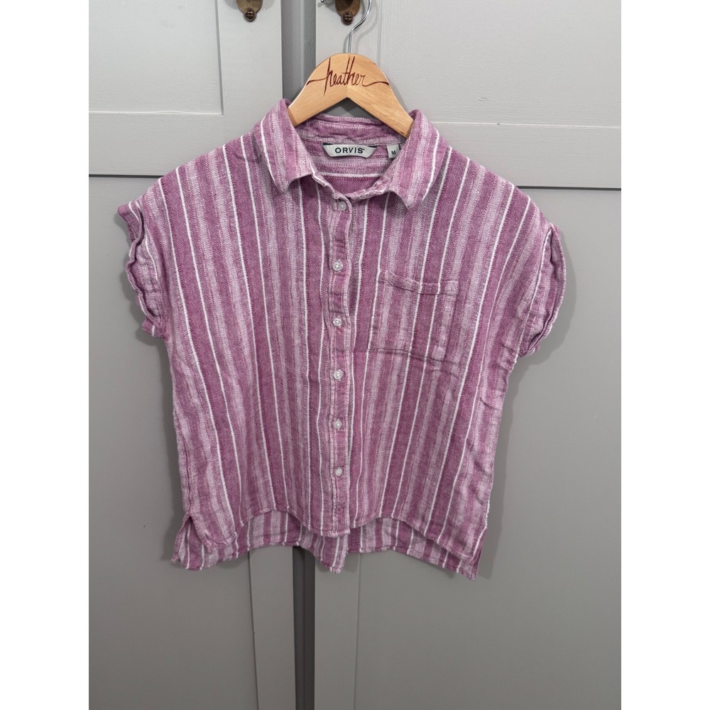 Orvis Womens Purple White Striped Linen Blend Short Sleeve Button Down Shirt M